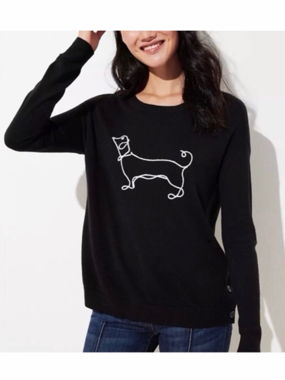 LOFT Black Crewneck Sweater with White Dog Line Graphic